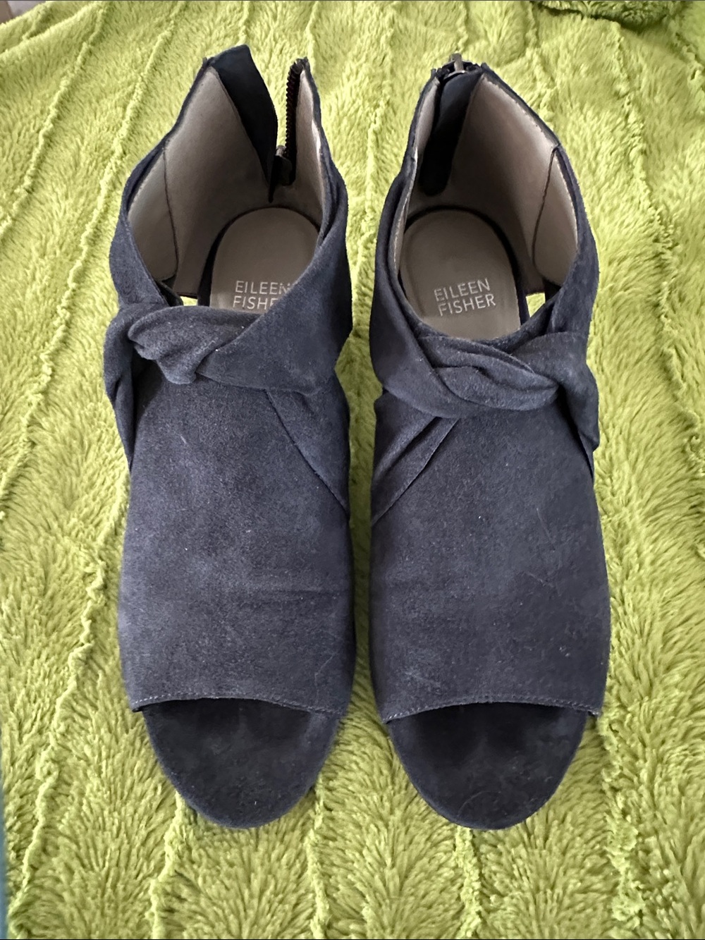 Eileen Fisher Black Suede Knot Peep-Toe Booties (Open-Toe)